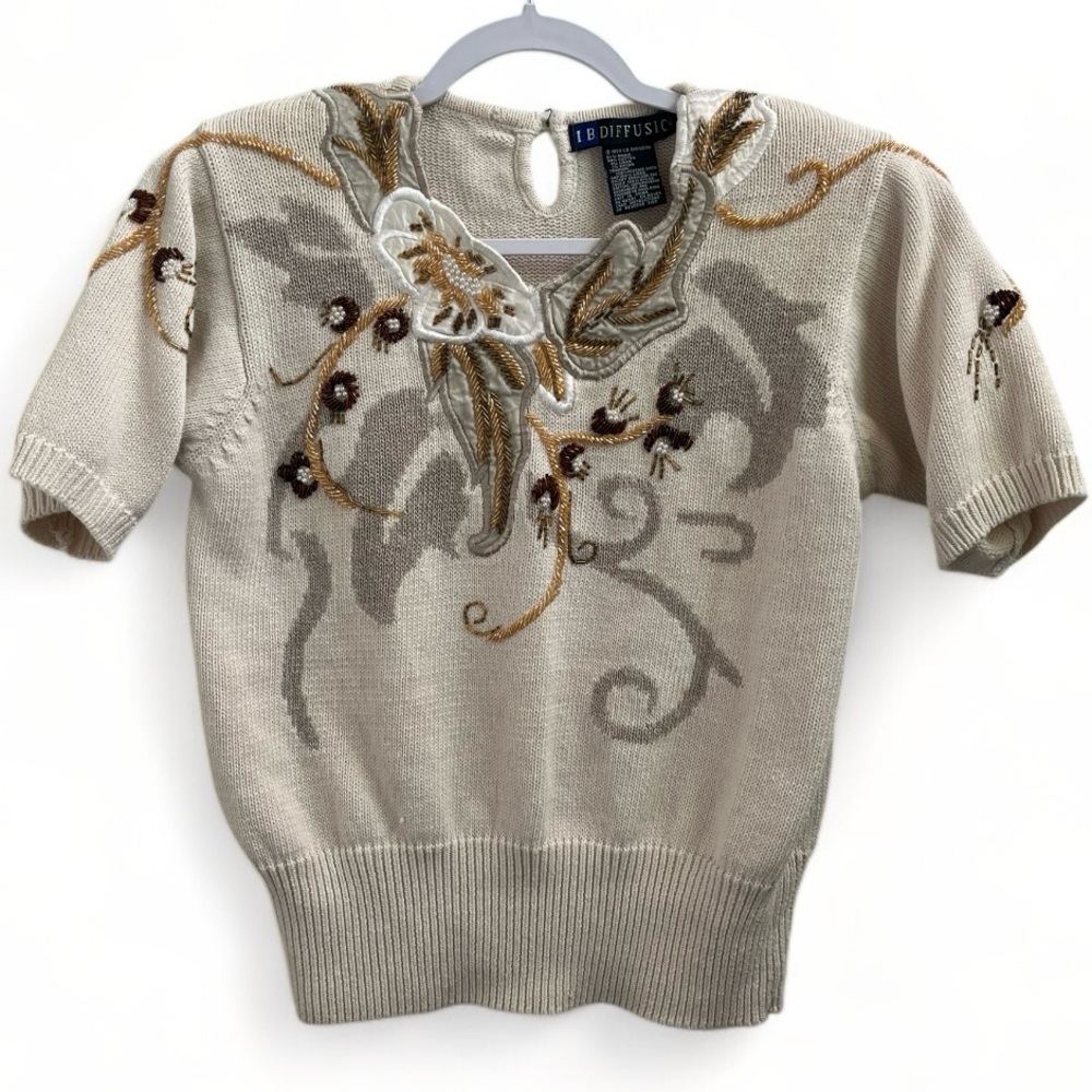 Vintage I.B. Diffusion Knit Short Sleeve Embroidered Sequin Pullover Sweater XS